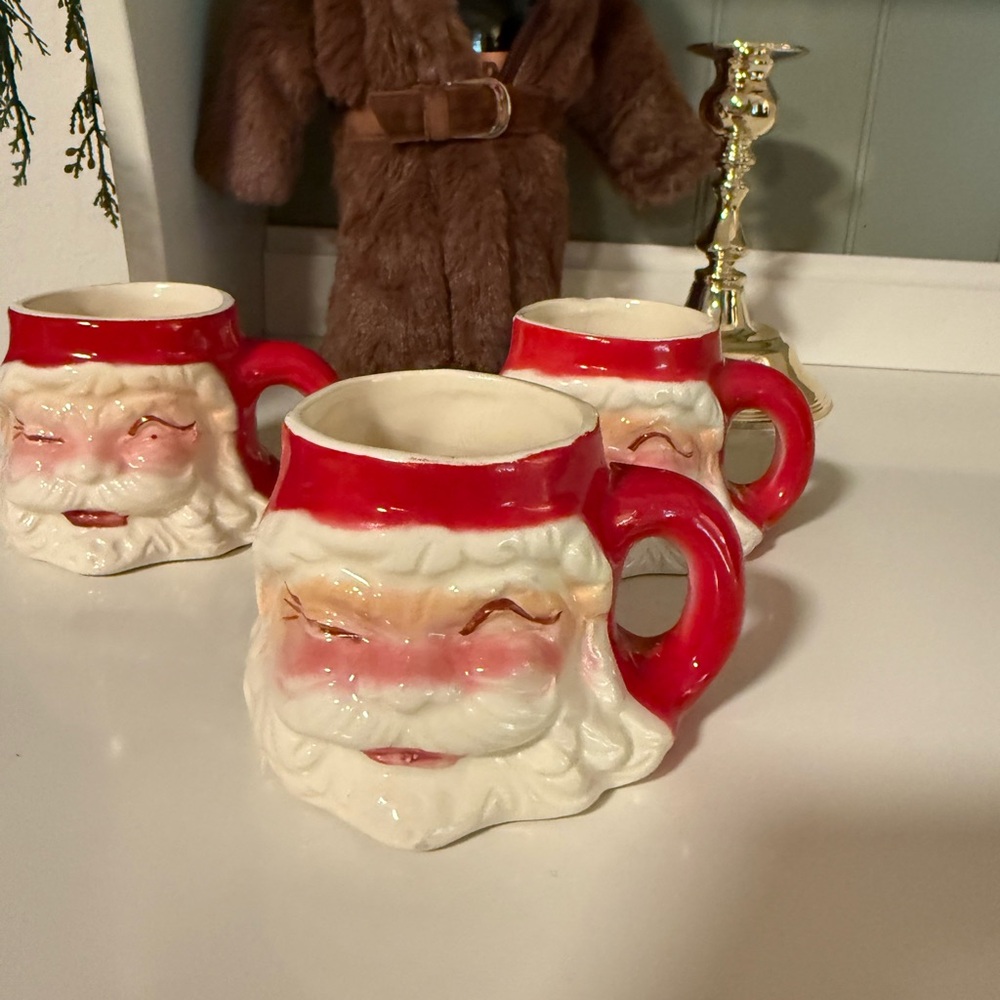 Vintage Winking Rosey cheeks Santa Claus Mugs - Set of 3